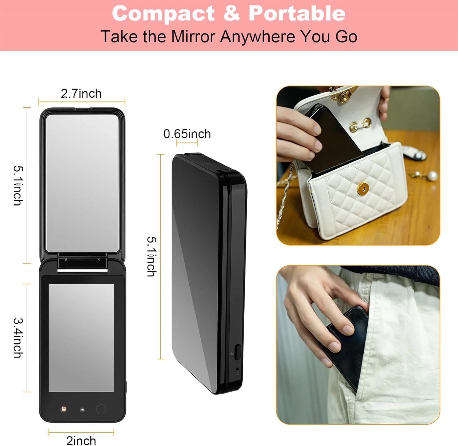 آینه UV فشرده Vanmirr با دوربین UV برای تست ضد آفتاب، آینه مسافرتی قابل شارژ 4 اینچی دو طرفه دستی برای محافظت از پوست
