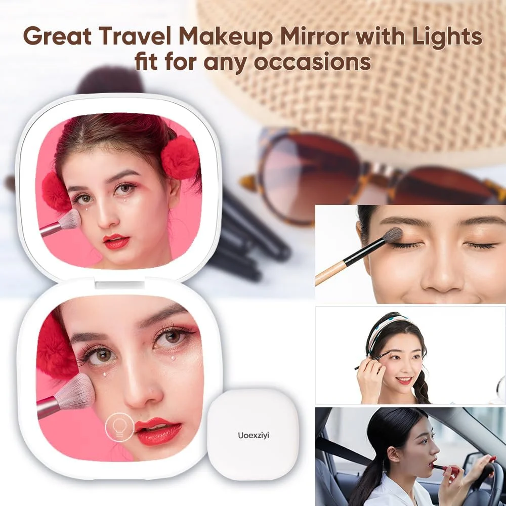 آینه آرایشی فشرده Uoexziyi با نور LED، آینه مسافرتی روشن با بزرگنمایی 5 برابر، دو طرفه، کم نور شونده، جیبی قابل حمل برای کیف دستی و جیب، شارژ USB (سفید)