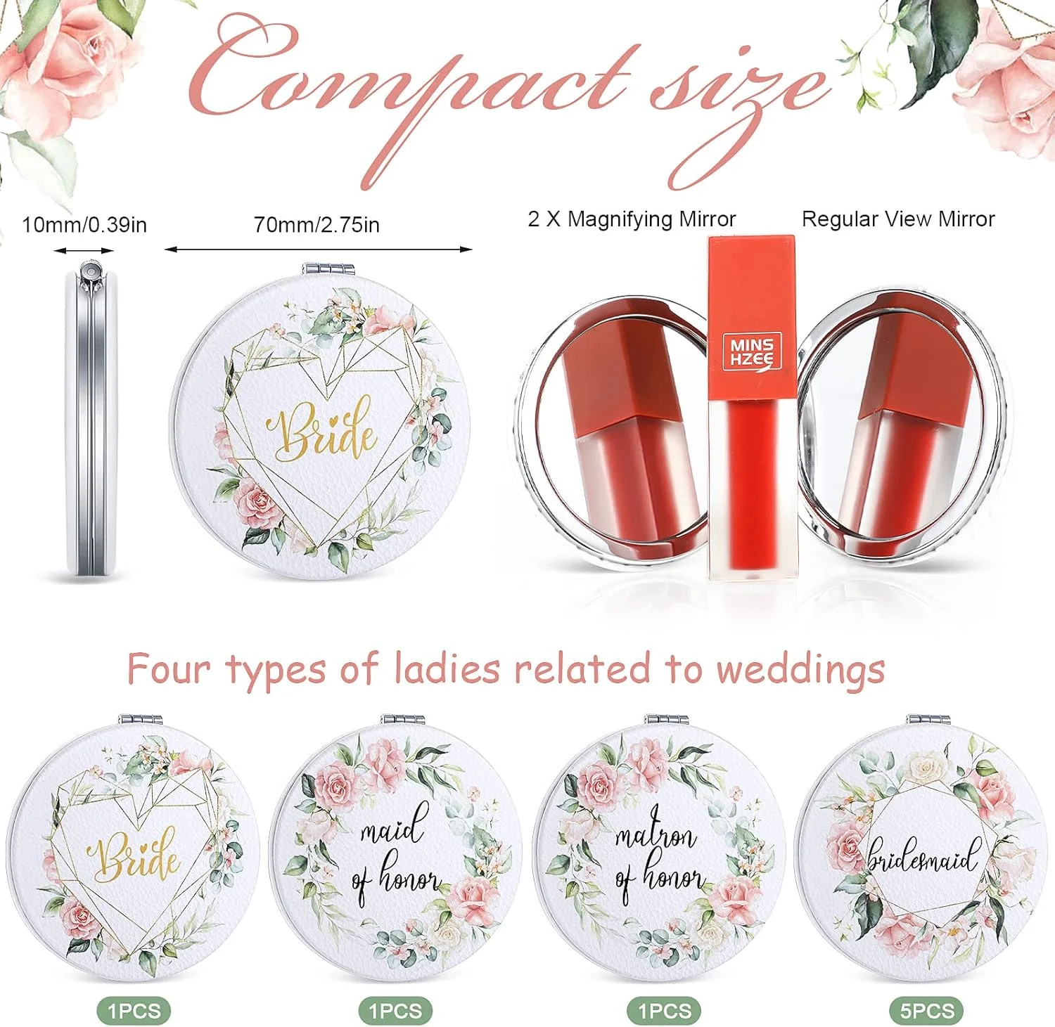 آینه جیبی تاشو یونیتایپ، بسته 8 عددی، هدیه ساقدوش عروس، طرح گلدار، قابل حمل، گرد، چرمی PU، مناسب کیف دستی، هدیه مهمانی عروسی، هدیه عروس، هدیه ندیمه عروس برای زنان