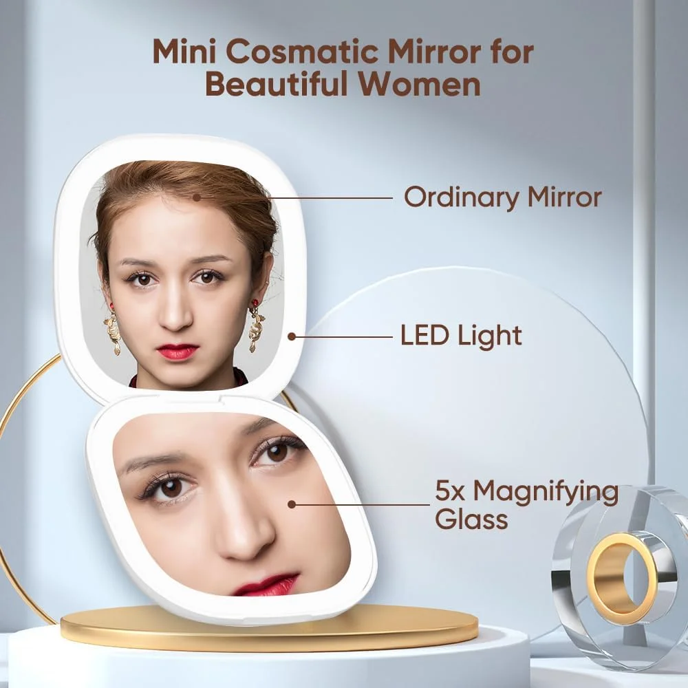 آینه آرایشی فشرده Uoexziyi با نور LED، آینه مسافرتی روشن با بزرگنمایی 5 برابر، دو طرفه، کم نور شونده، جیبی قابل حمل برای کیف دستی و جیب، شارژ USB (سفید)