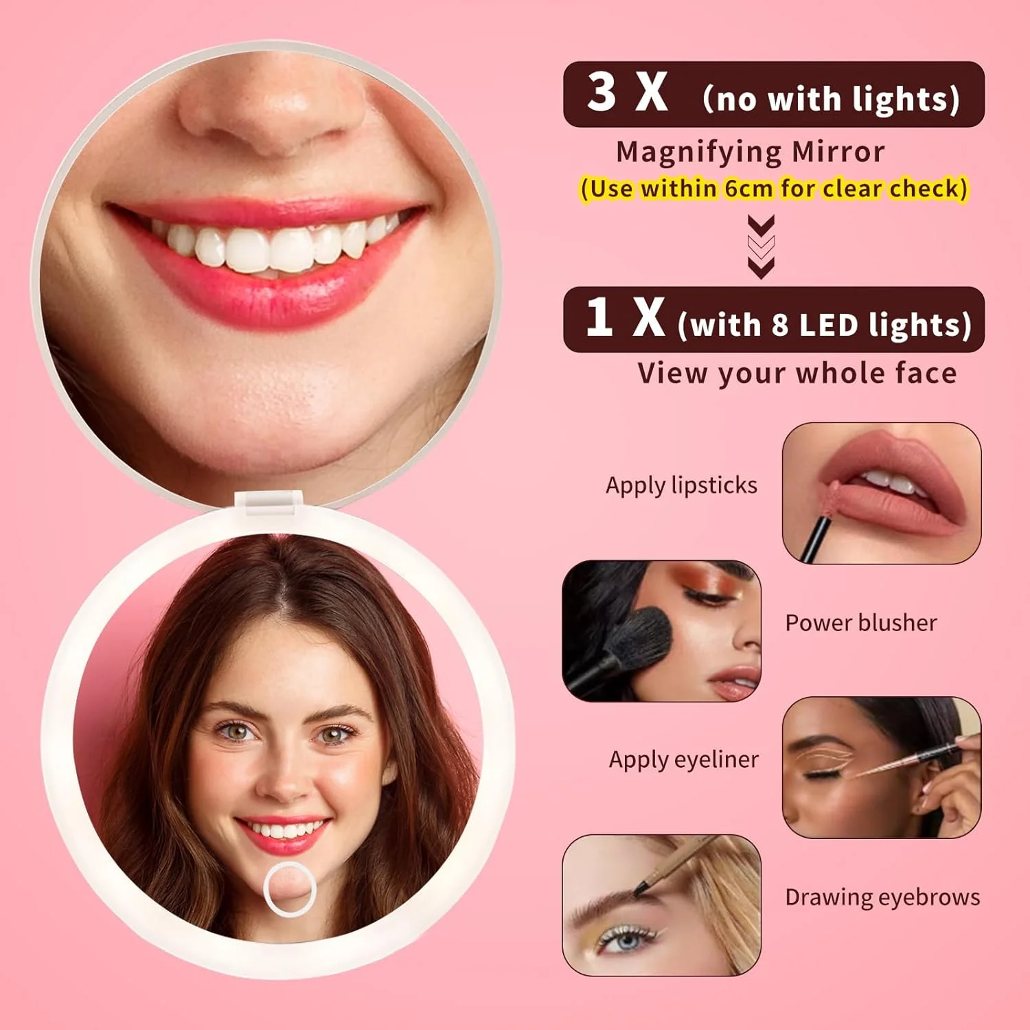 آینه مسافرتی فشرده چراغ دار ال ای دی UBMRK، آینه های دکمه لمسی بزرگنمایی 3X / 1x، آینه جیبی برای آرایش، آینه کوچک برای کیف پول، مسافرت و هدیه (سبز+مشکی)