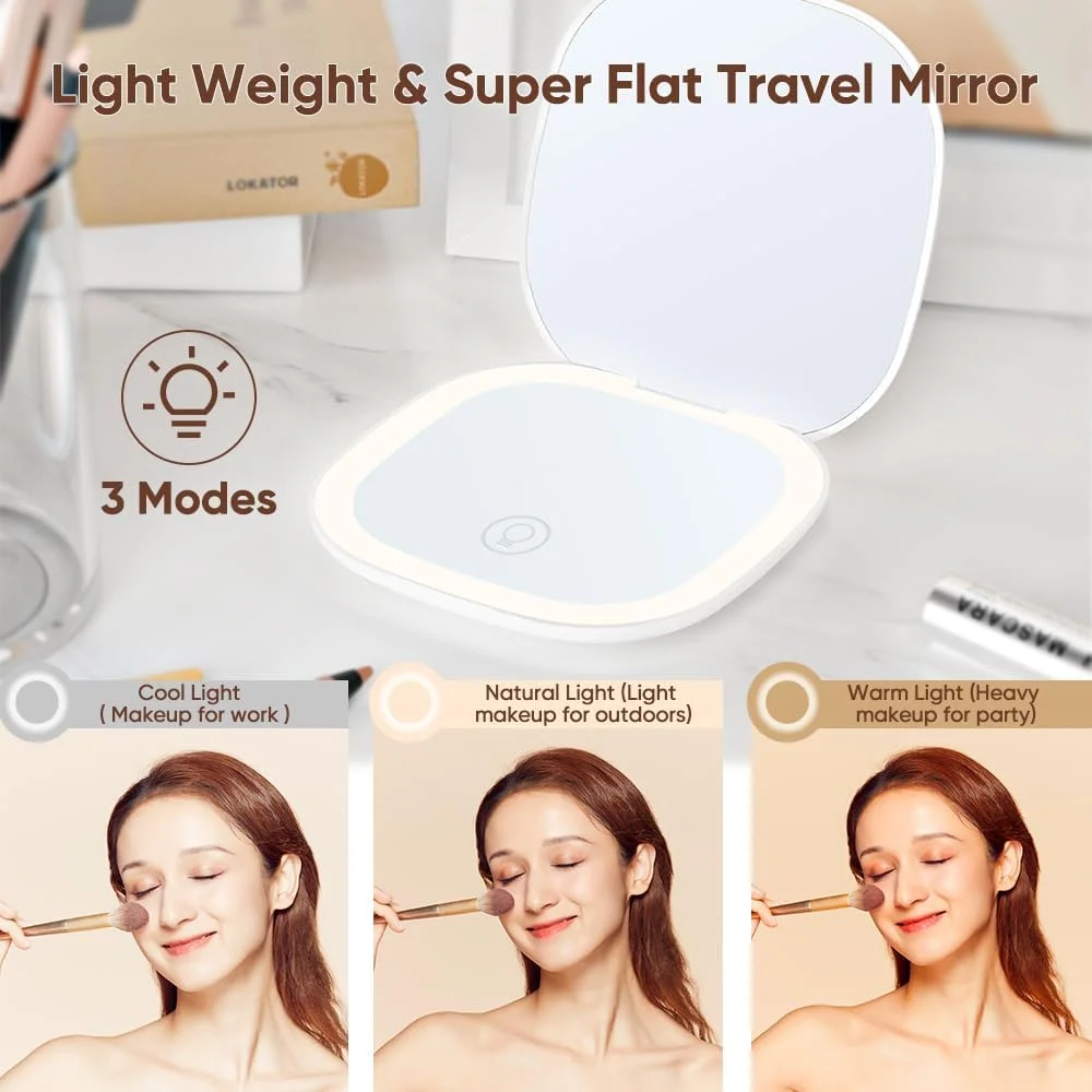 آینه آرایشی فشرده Uoexziyi با نور LED، آینه مسافرتی روشن با بزرگنمایی 5 برابر، دو طرفه، کم نور شونده، جیبی قابل حمل برای کیف دستی و جیب، شارژ USB (سفید)