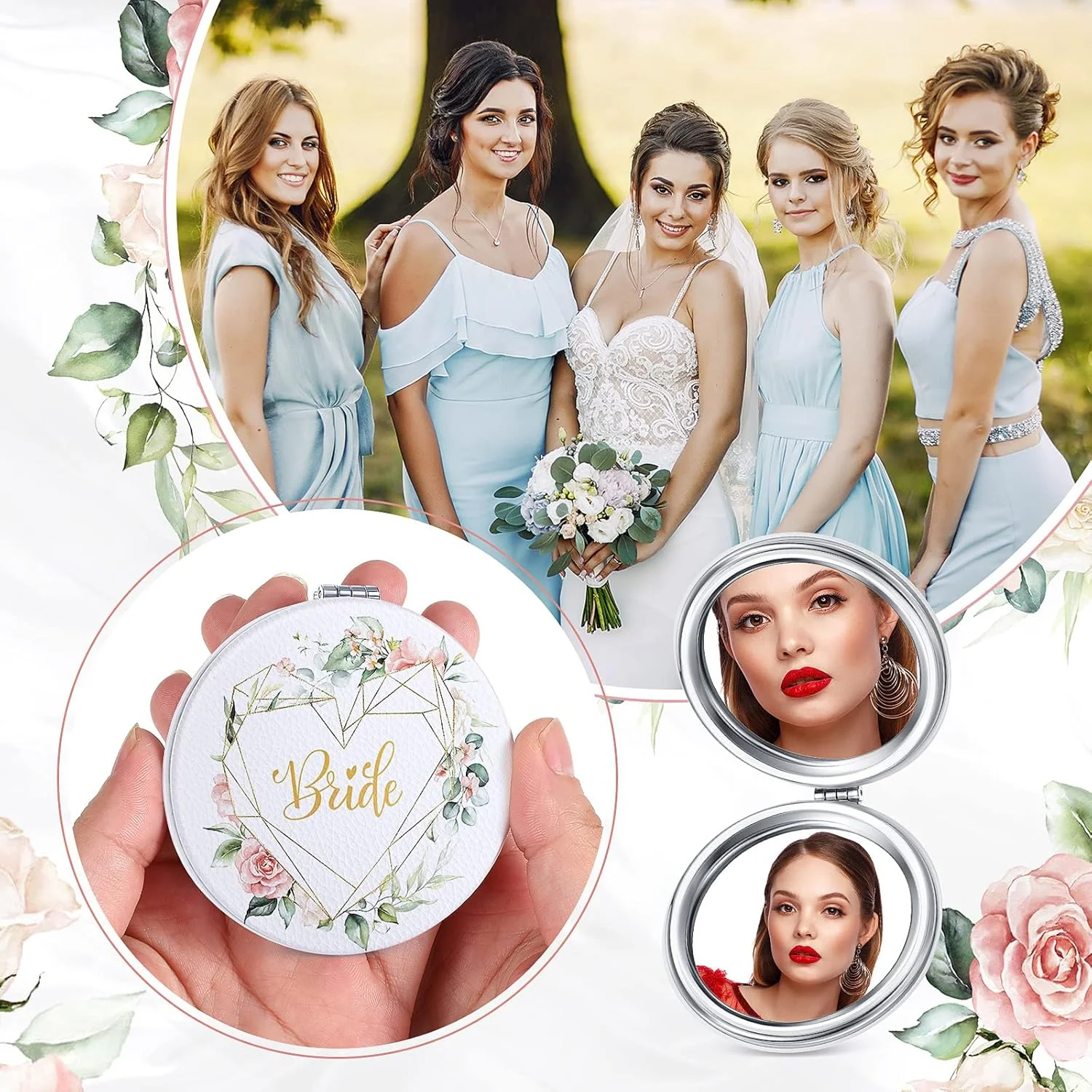 آینه جیبی تاشو یونیتایپ، بسته 8 عددی، هدیه ساقدوش عروس، طرح گلدار، قابل حمل، گرد، چرمی PU، مناسب کیف دستی، هدیه مهمانی عروسی، هدیه عروس، هدیه ندیمه عروس برای زنان