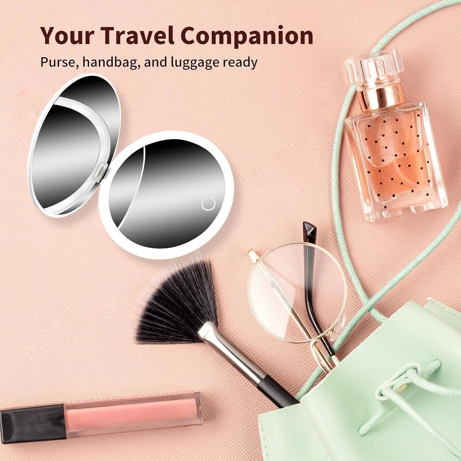 آینه مسافرتی فشرده چراغ دار ال ای دی UBMRK، آینه های دکمه لمسی بزرگنمایی 3X / 1x، آینه جیبی برای آرایش، آینه کوچک برای کیف پول، مسافرت و هدیه (سبز+مشکی)