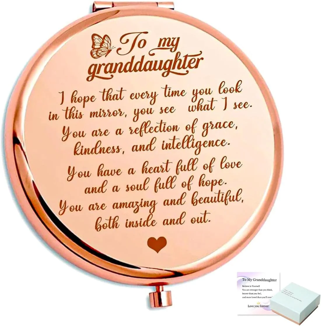 آینه جیبی با نوشته "به نوه عزیزم - تو فوق العاده و زیبایی"، هدیه ای از طرف مادربزرگ برای نوه، آینه آرایشی حکاکی شده دستی، هدیه ای برای تولد، کریسمس و فارغ التحصیلی نوه (رزگلد) آینه جیبی با نوشته "به نوه عزیزم - تو فوق العاده و زیبایی"، هدیه ای از طرف مادربزرگ برای نوه، آینه آرایشی حکاکی شده دستی، هدیه ای برای تولد، کریسمس و فارغ التحصیلی نوه (رزگلد)