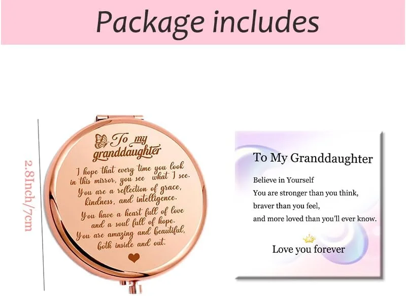 آینه جیبی با نوشته "به نوه عزیزم - تو فوق العاده و زیبایی"، هدیه ای از طرف مادربزرگ برای نوه، آینه آرایشی حکاکی شده دستی، هدیه ای برای تولد، کریسمس و فارغ التحصیلی نوه (رزگلد)