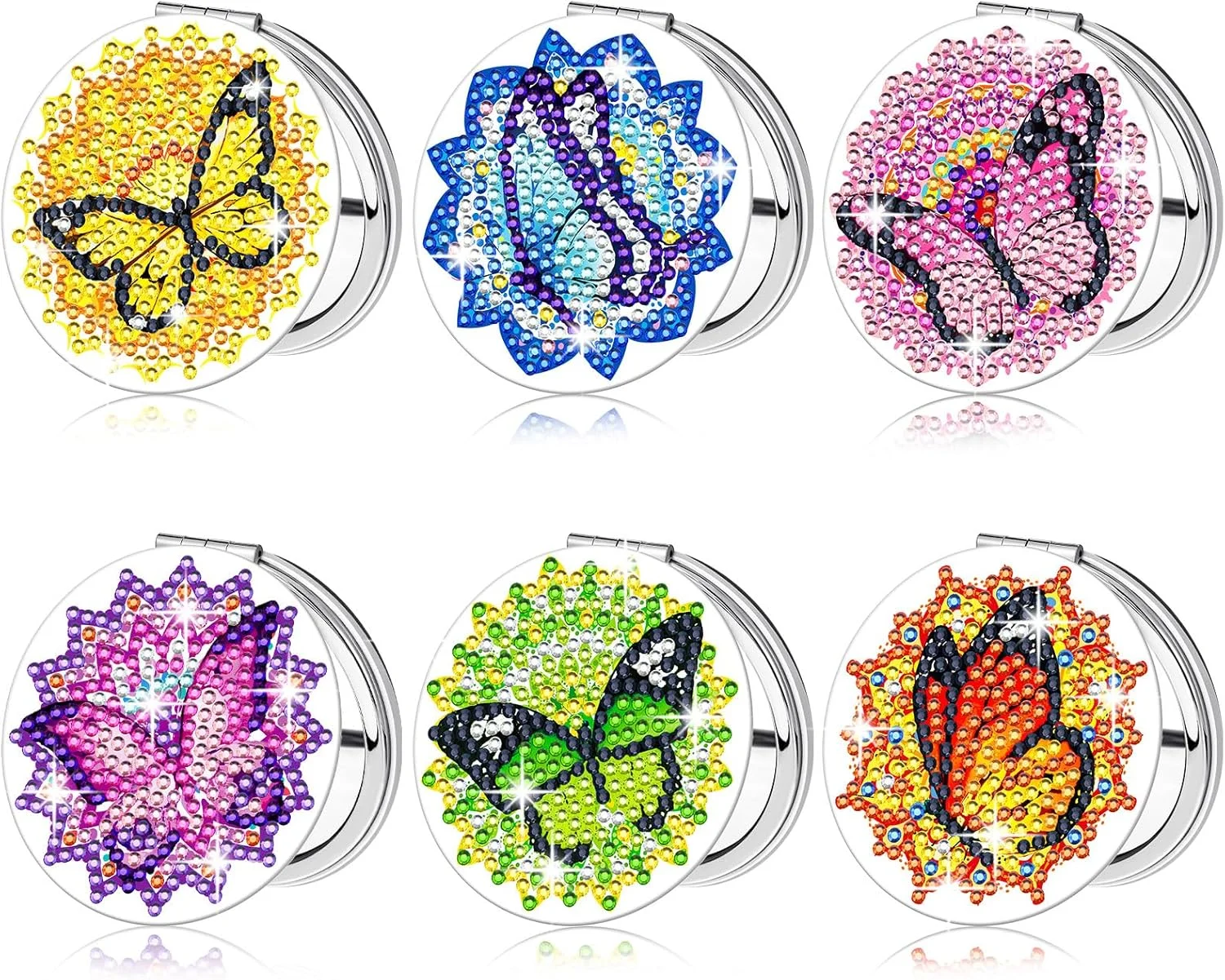 آینه جیبی تایل مدل 6 عددی نقاشی الماس، آینه جمع و جور DIY با پوشش نقاشی الماس، آینه کیف تاشو قابل حمل با بزرگنمایی، کیت های هنری الماس برای زنان دختران کودکان (مدل پروانه ای)