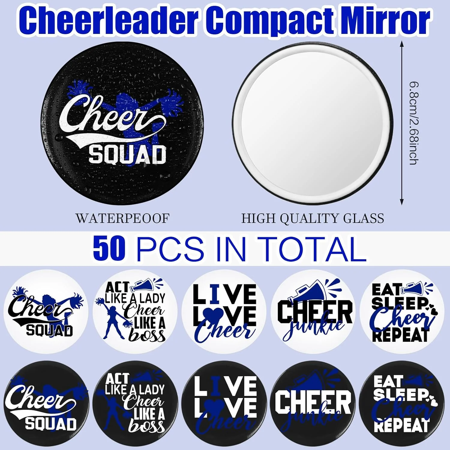آینه آرایشی Threehoney، بسته 50 عددی، هدیه برای تشویق کنندگان، آینه جیبی فشرده، مناسب مهمانی ها، آینه آرایشی قابل حمل 2.68 اینچی برای لوازم جانبی سفر و تیم تشویق (آبی)
