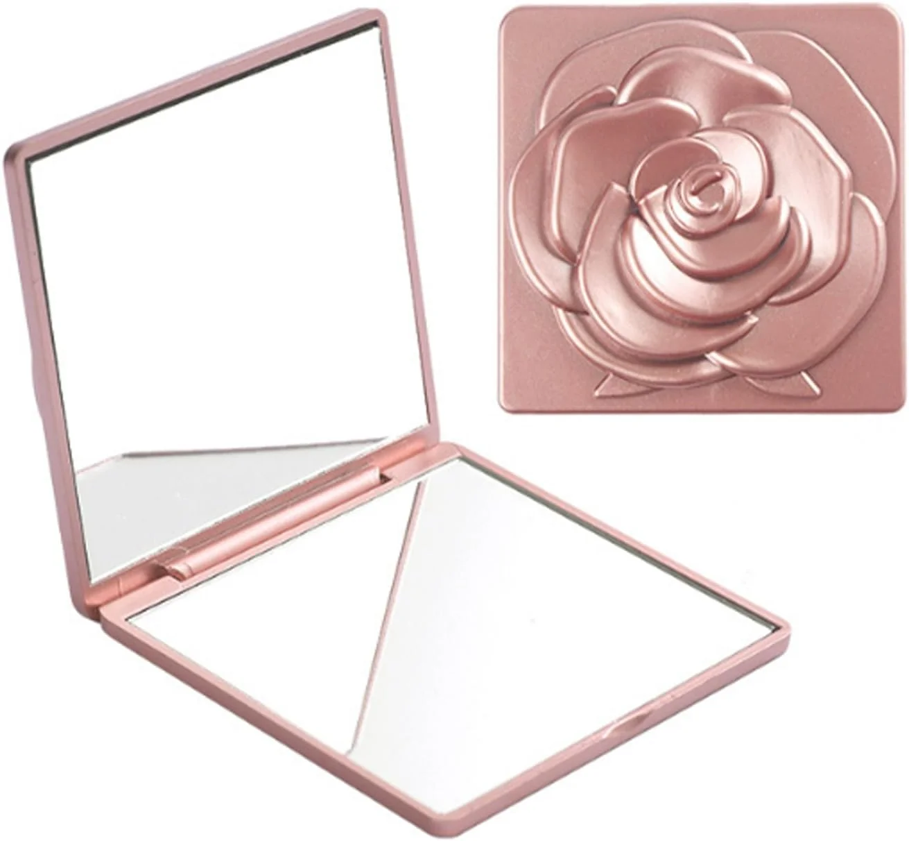 آینه دو طرفه تزویق، آینه پلاستیکی ظریف آرایشی دو طرفه زنانه با طرح گل رز، آینه تاشو مسافرتی، آینه کوچک جمع و جور دستی (رزگلد)