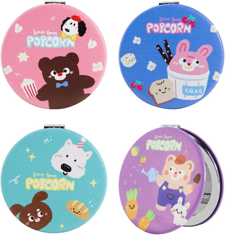 آینه آرایشی مسافرتی TCOTBE، بسته 2 عددی، آینه جیبی تاشو کوچک دو طرفه با بزرگنمایی 1X/2X، آینه دستی کارتونی قابل حمل برای زنان و دختران