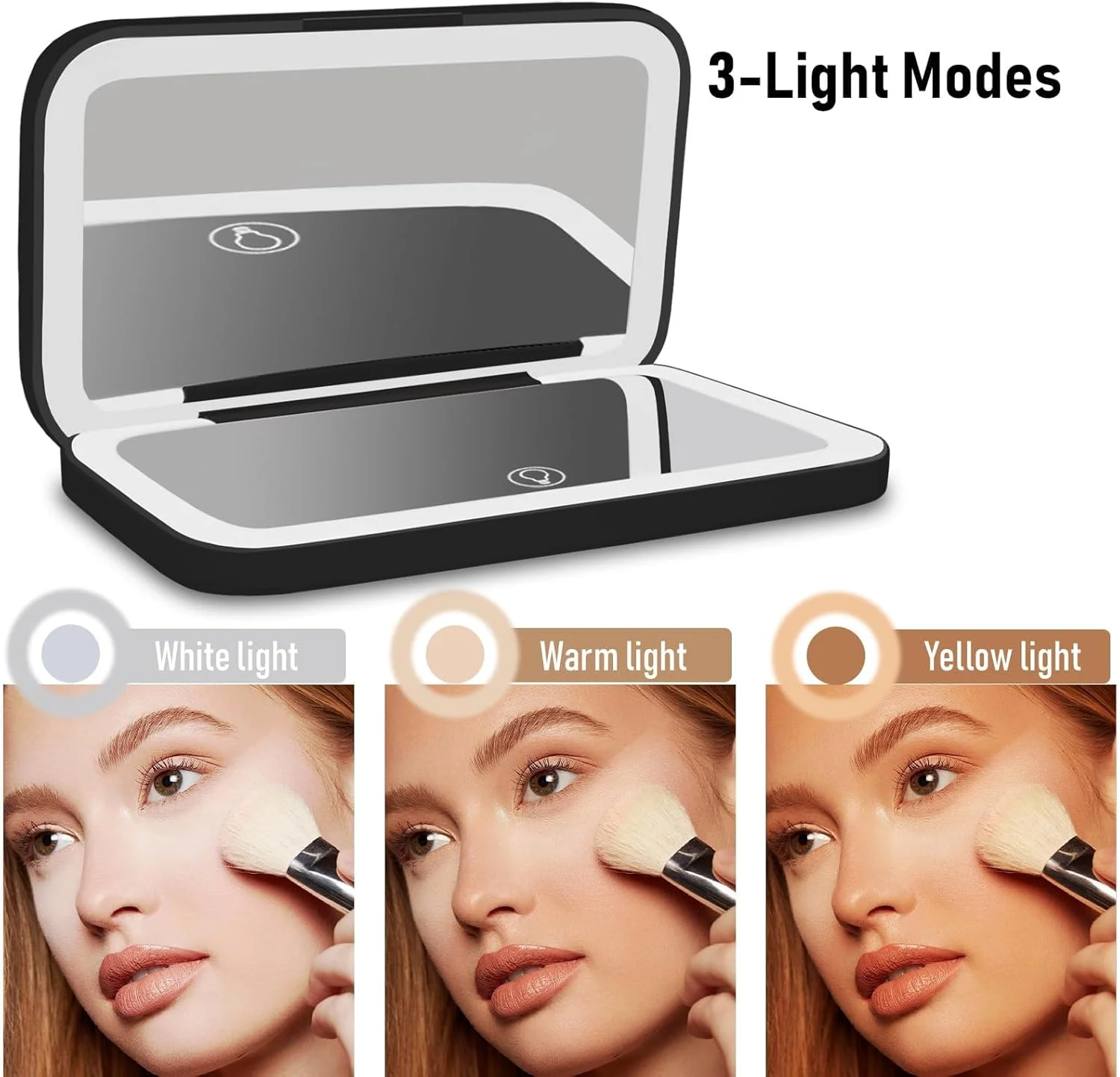 آینه آرایشی مسافرتی تزویق، آینه بزرگنمایی 1x/10x، آینه LED با چراغ، قابل شارژ USB، چراغ های 3 رنگ، آینه آرایشی تاشو و جمع و جور با نور (مشکی)