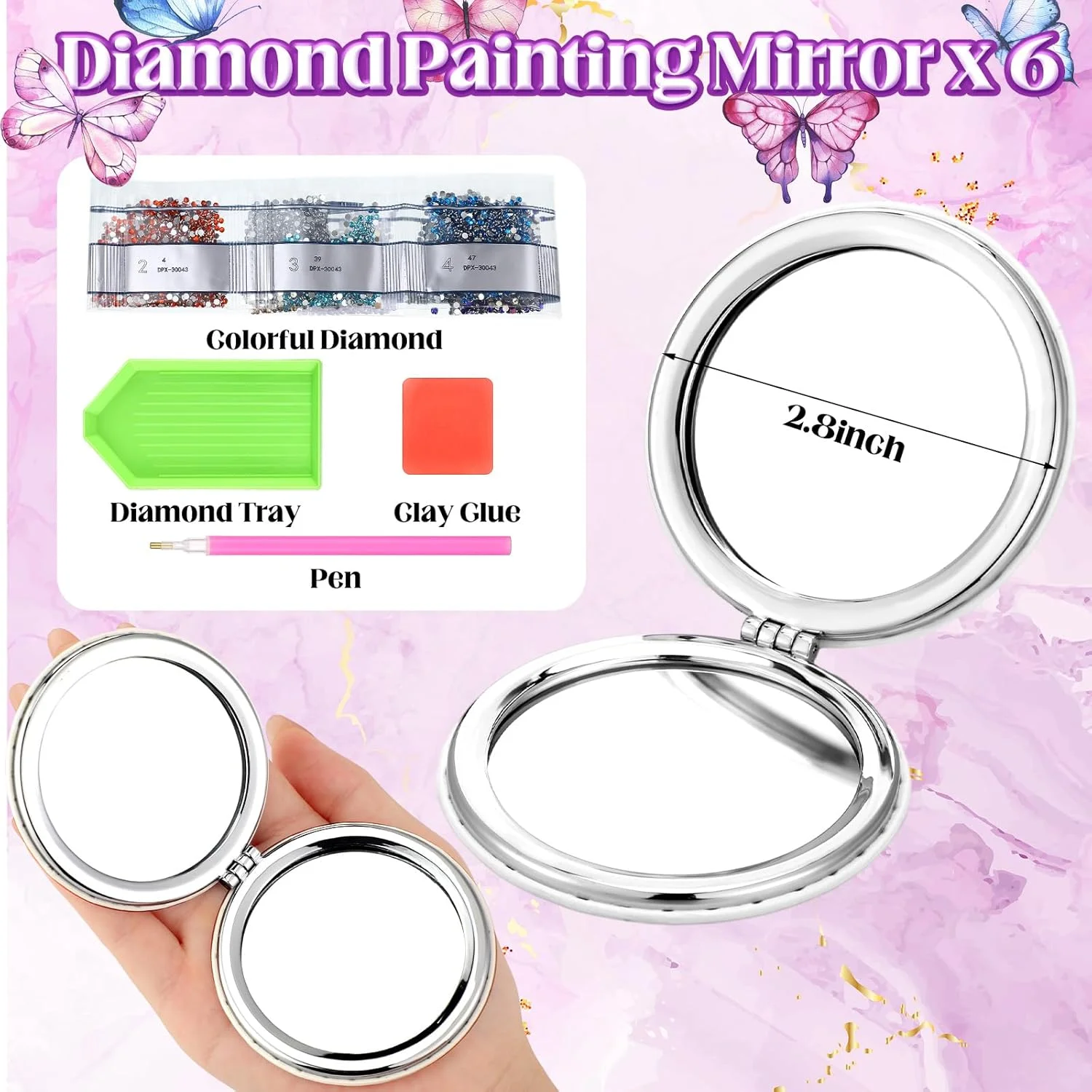 آینه جیبی تایل مدل 6 عددی نقاشی الماس، آینه جمع و جور DIY با پوشش نقاشی الماس، آینه کیف تاشو قابل حمل با بزرگنمایی، کیت های هنری الماس برای زنان دختران کودکان (مدل پروانه ای)
