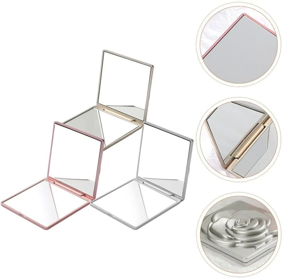 آینه دو طرفه تزویق، آینه پلاستیکی ظریف آرایشی دو طرفه زنانه با طرح گل رز، آینه تاشو مسافرتی، آینه کوچک جمع و جور دستی (رزگلد)