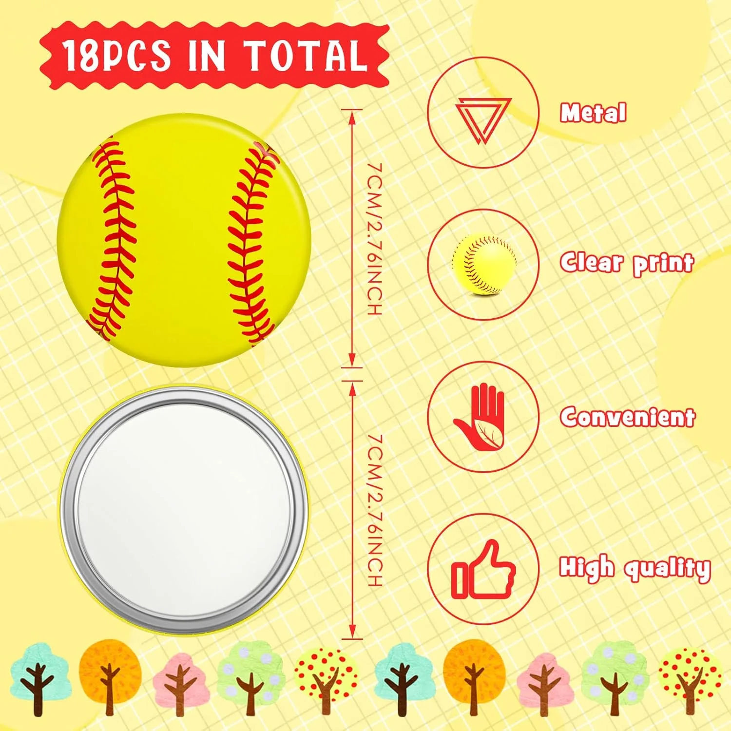 آینه جیبی فشرده سافت بال Taiyin، هدیه سافت بال برای دختران، لوازم مهمانی سافت بال، آینه آرایشی سافت بال، آینه کوچک 7 سانتی متری گرد قابل حمل ورزشی برای هدیه زنان و دختران (زرد، 18 عدد)