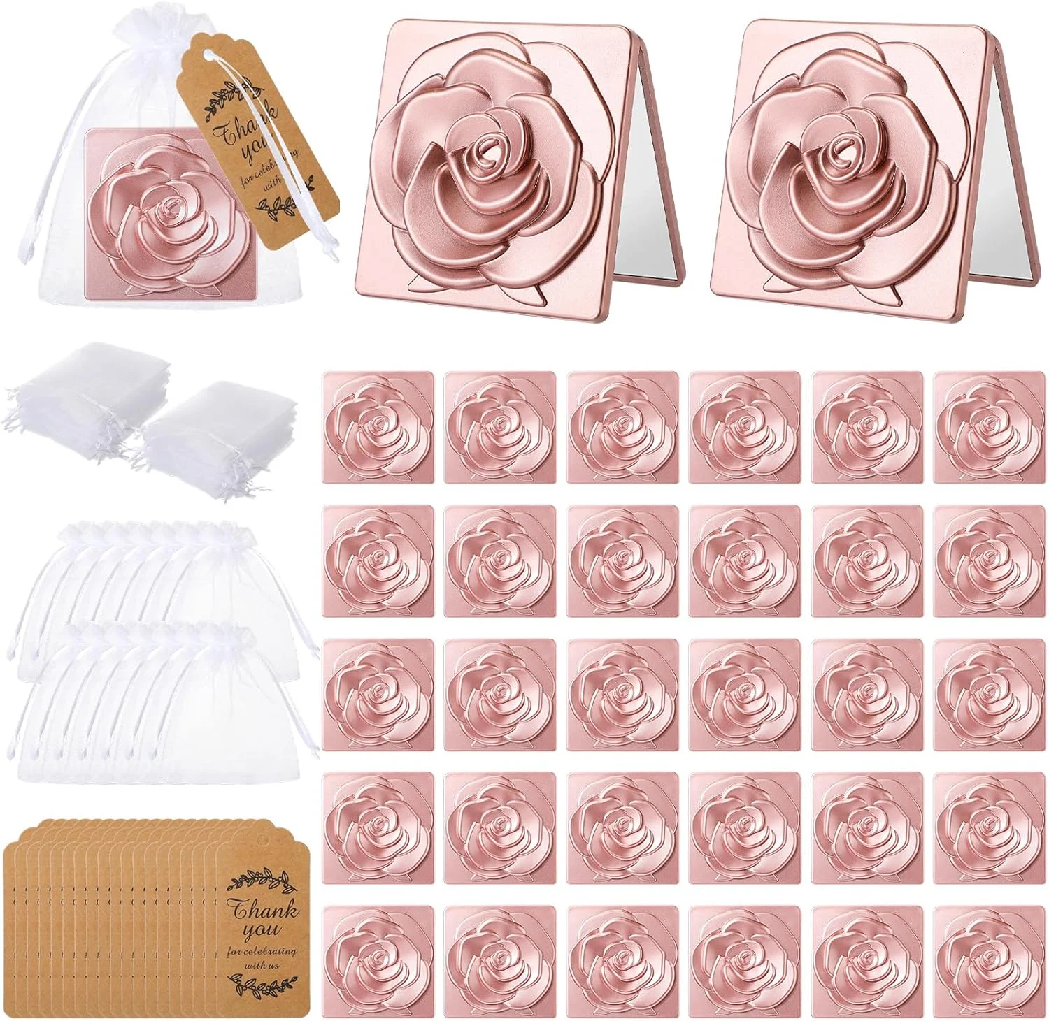 آینه جیبی فشرده گل رز Soaoo، بسته 30 عددی، هدیه مهمانی کوئینسیانرا برای مهمانان، آینه جیبی با تگ های تشکر و کیسه ارگانزا برای عروسی، مهمانی مجردی، هدیه یادگاری مهمانی عروس (رزگلد)