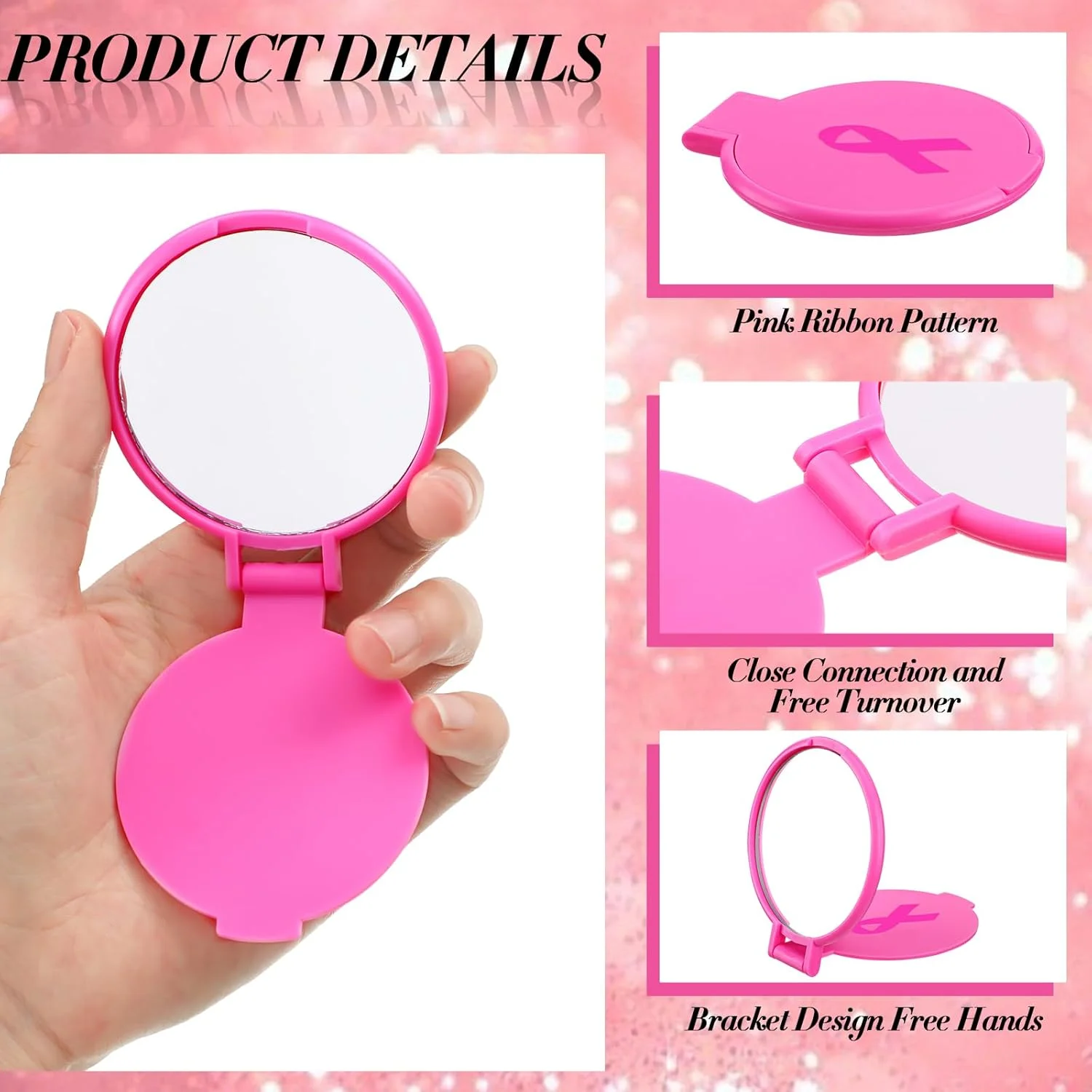 تاتوئو 24 عدد آینه کوچک جمع و جور با طرح روبان صورتی، آینه آرایشی دستی تاشو کوچک، آینه جیبی دستی مسافرتی قابل حمل برای استفاده روزانه زنان و دختران، صورتی