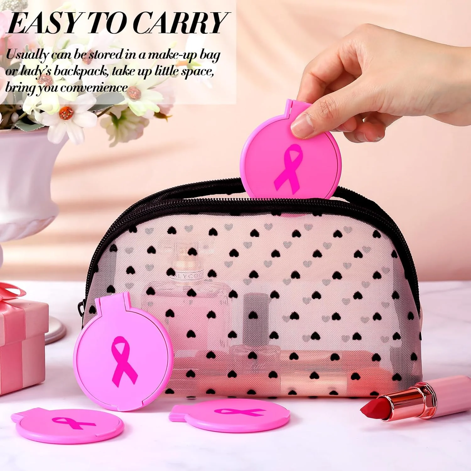 تاتوئو 24 عدد آینه کوچک جمع و جور با طرح روبان صورتی، آینه آرایشی دستی تاشو کوچک، آینه جیبی دستی مسافرتی قابل حمل برای استفاده روزانه زنان و دختران، صورتی