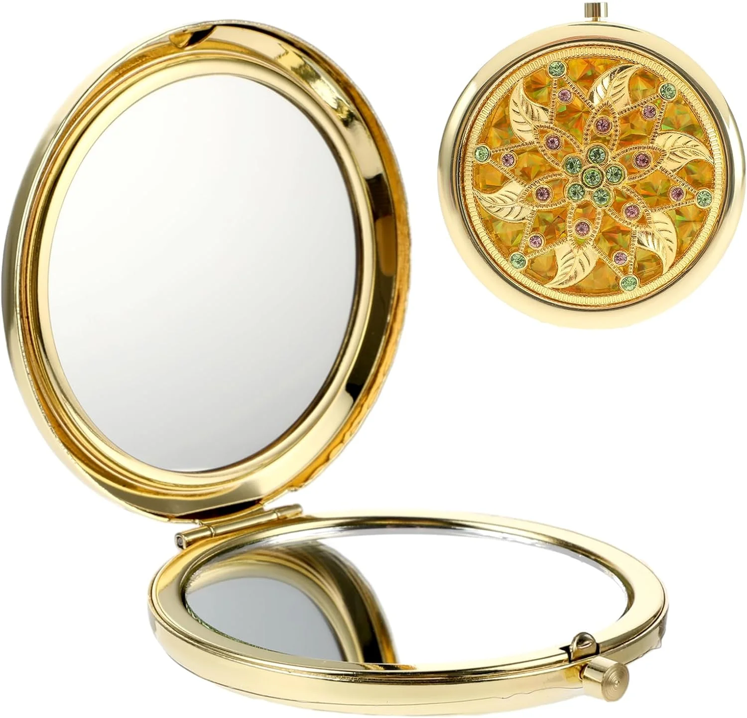 آینه آرایشی جمع و جور سیبا، دستی تاشو با بزرگنمایی 1X / 2X، آینه جیبی کوچک گرد، سبک قصر، شیشه الماسی، بازتابنده کوچک قابل حمل مناسب برای آرایش روزانه و مسافرت (طلایی)
