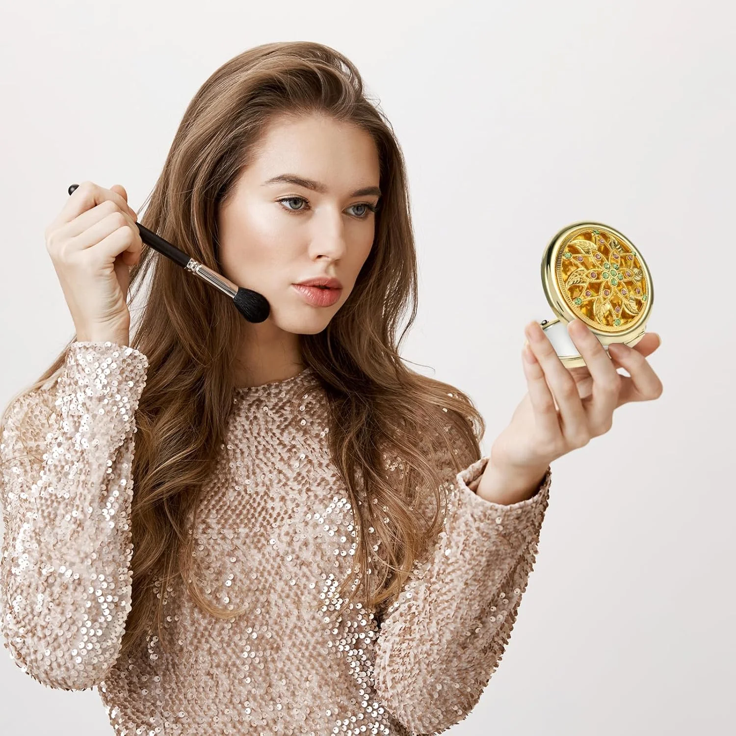 آینه آرایشی جمع و جور سیبا، دستی تاشو با بزرگنمایی 1X / 2X، آینه جیبی کوچک گرد، سبک قصر، شیشه الماسی، بازتابنده کوچک قابل حمل مناسب برای آرایش روزانه و مسافرت (طلایی)