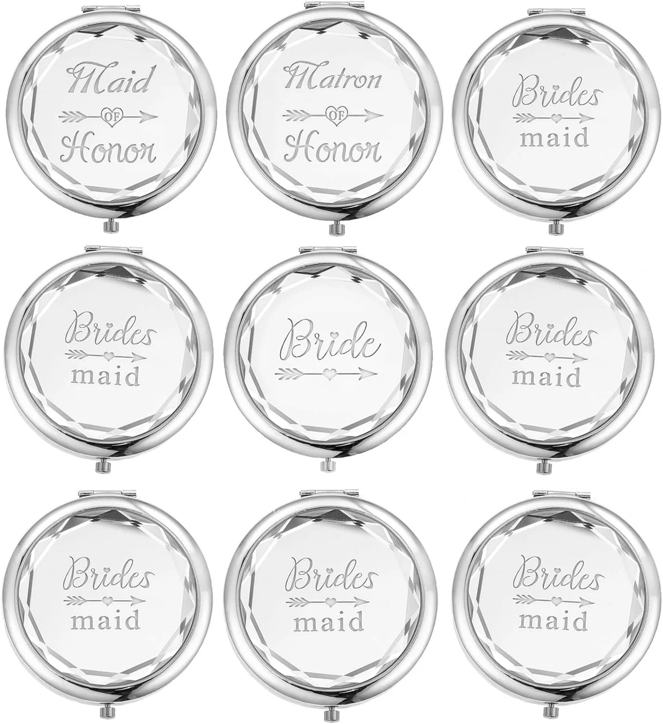 مجموعه 9 عددی آینه آرایشی جیبی فشرده SFHMTL شامل 1 آینه عروس، 1 آینه ساقدوش عروس، 1 آینه بانوی افتخار و 6 آینه ساقدوش عروس، هدیه پیشنهاد ساقدوش عروس (نقره ای)