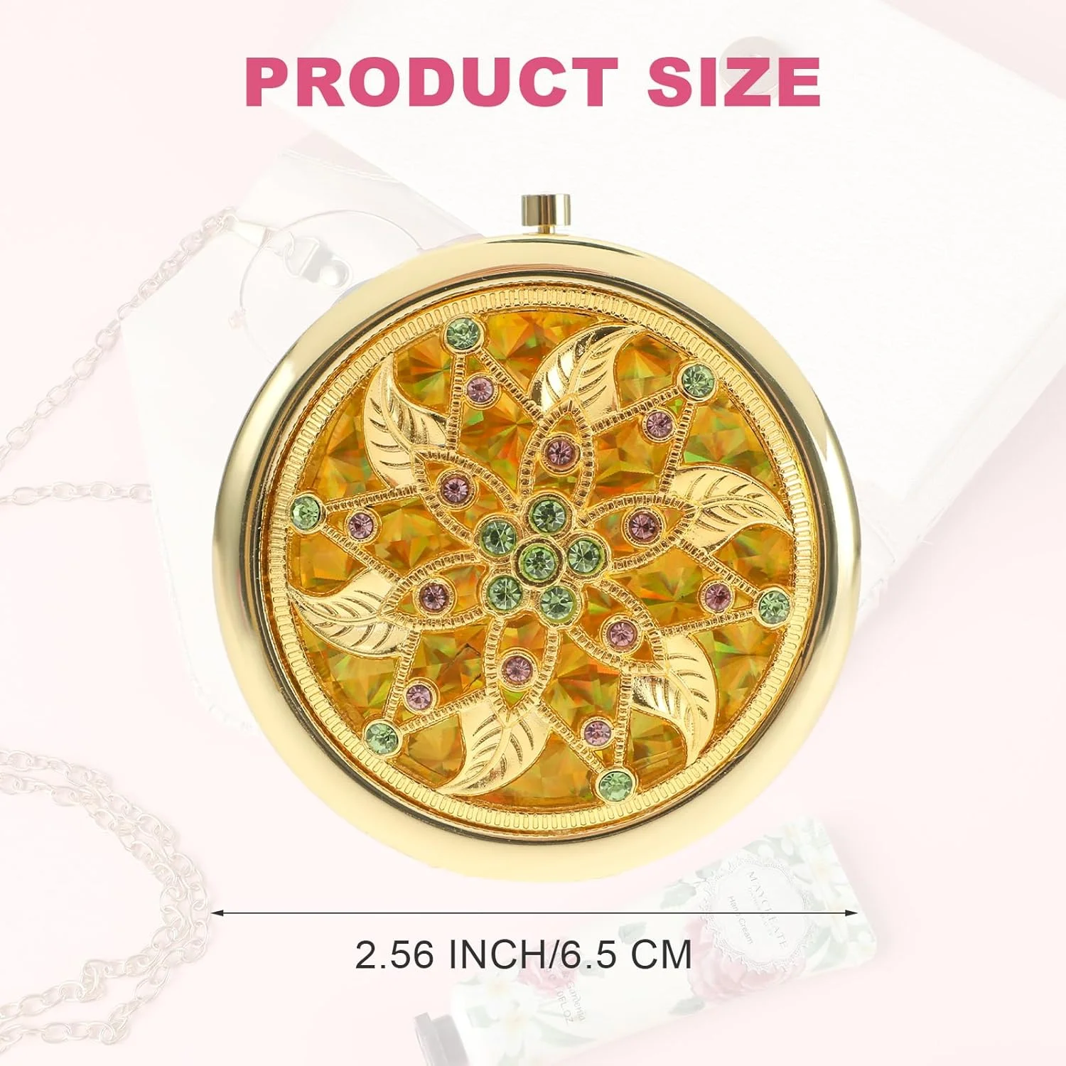 آینه آرایشی جمع و جور سیبا، دستی تاشو با بزرگنمایی 1X / 2X، آینه جیبی کوچک گرد، سبک قصر، شیشه الماسی، بازتابنده کوچک قابل حمل مناسب برای آرایش روزانه و مسافرت (طلایی)