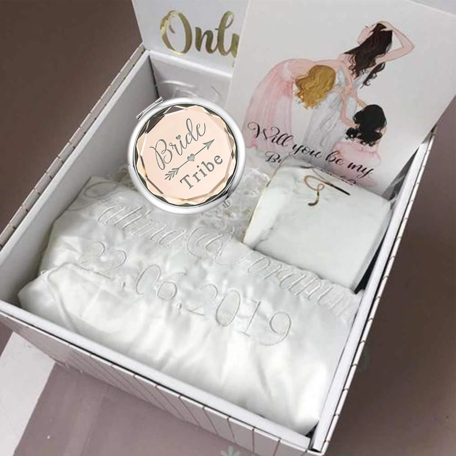 مجموعه 9 عددی آینه آرایشی جیبی فشرده SFHMTL شامل 1 آینه عروس آینده و 8 آینه گروه عروس، هدیه مهمانی مجردی، پیشنهاد ساقدوش عروس (شامپاین)