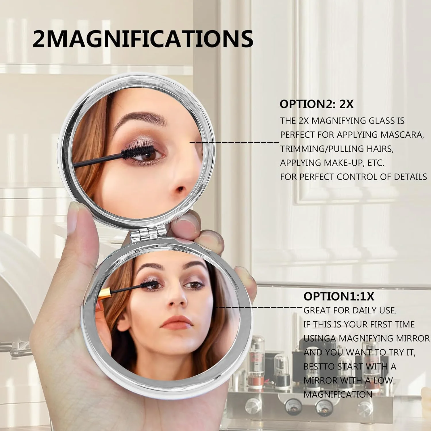 سنبلر بسته 2 عددی آینه جیبی قابل حمل، آینه کوچک دو طرفه 73 میلی متری، تاشو برای کیف دستی، مسافرت، آرایش (مستطیلی)