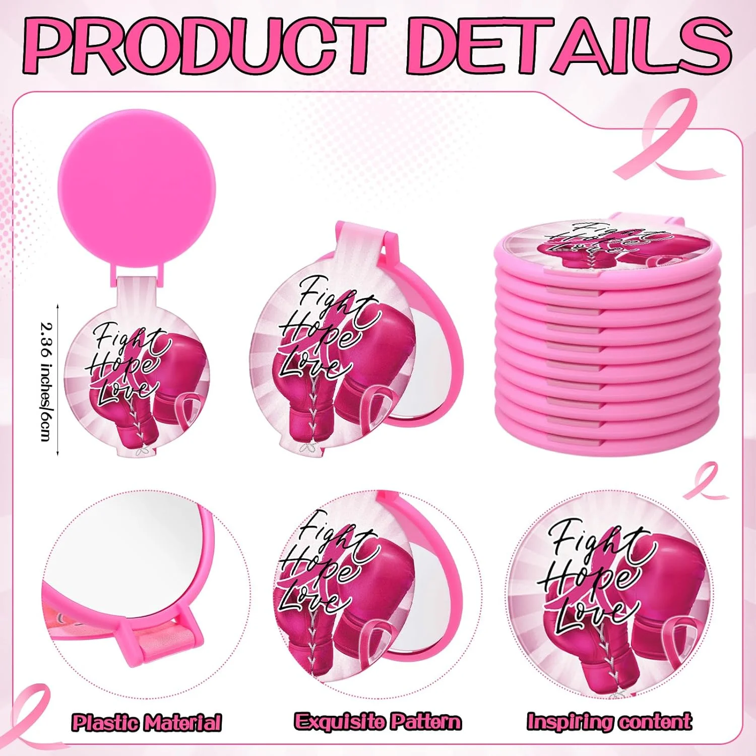 رییل نیو 60 عدد هدیه آگاهی از سرطان سینه برای زنان، آینه های جیبی تاشو گرد کوچک الهام بخش با کارت های انگیزشی، دستکش بوکس روبان صورتی، هدیه برای نجات یافتگان سرطان سینه
