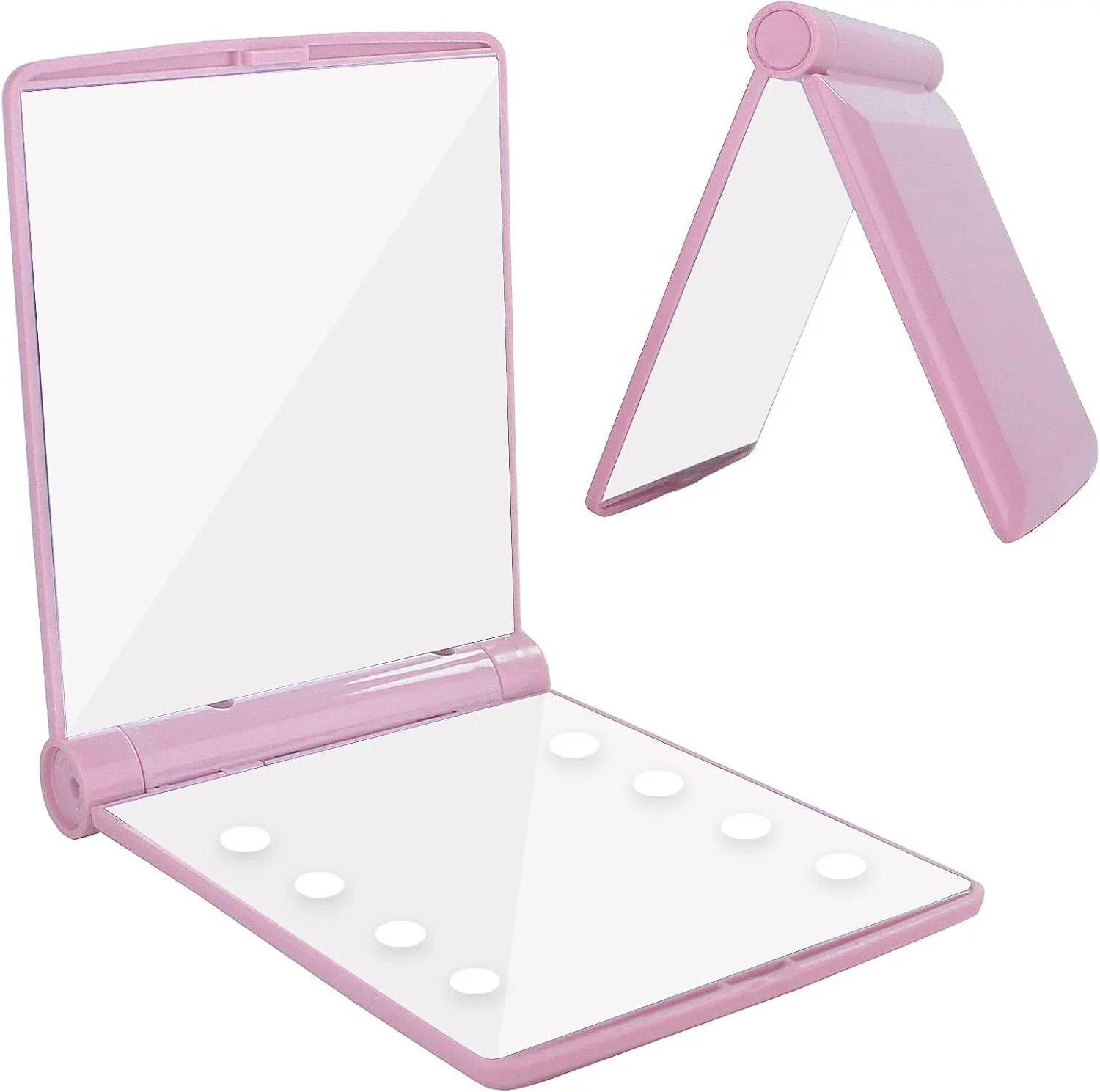 آینه آرایشی فشرده RSAOENF با چراغ - آینه کوچک LED برای آرایش مسافرتی، آینه جیبی تاشو قابل حمل کوچک برای هدیه دادن به خانم ها (صورتی)