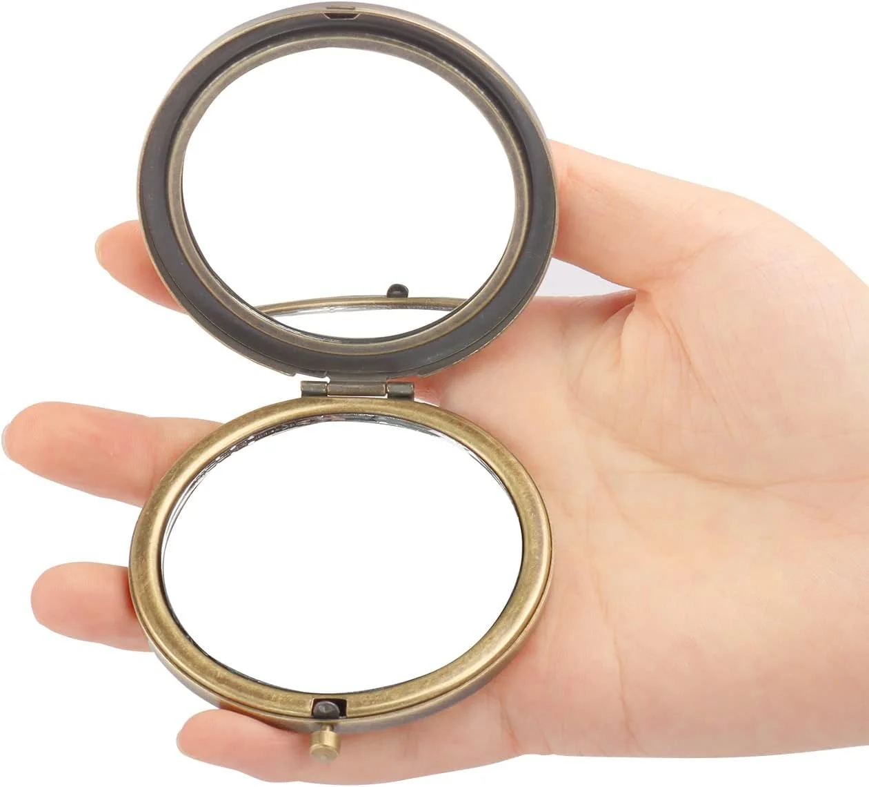 آینه آرایشی تاشو فلزی طرح قدیمی ریچ باکسر، 4 عدد، آینه مسافرتی، آینه جیبی، آینه دو طرفه جمع و جور، برنزی، طرح تصادفی