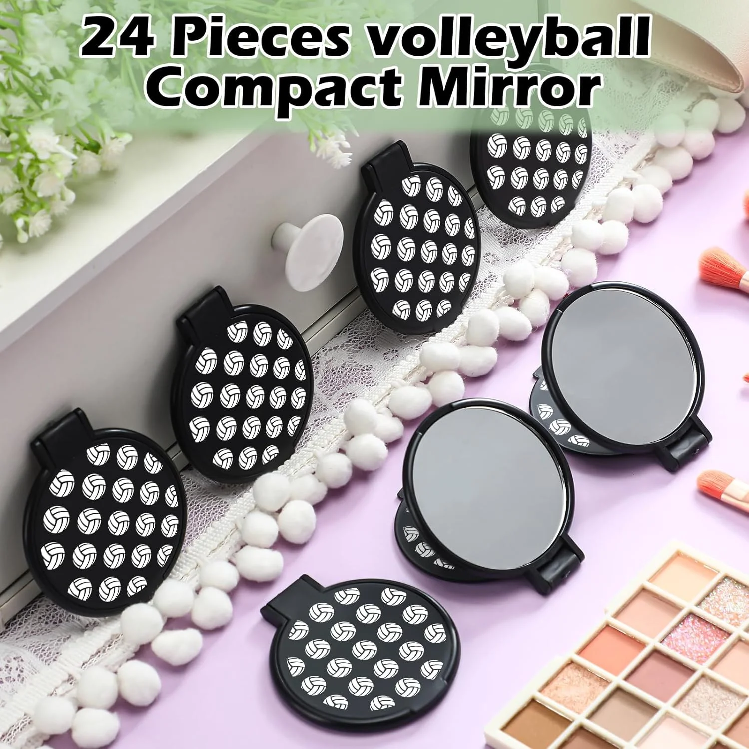 آینه جیبی والیبال RattanView، 24 عدد، هدیه والیبال، لوازم مهمانی ورزشی، 2.75 اینچ، آینه کیف دستی برای آرایش زنان و دختران، آینه کوچک تاشو برای لوازم جانبی تیم والیبال