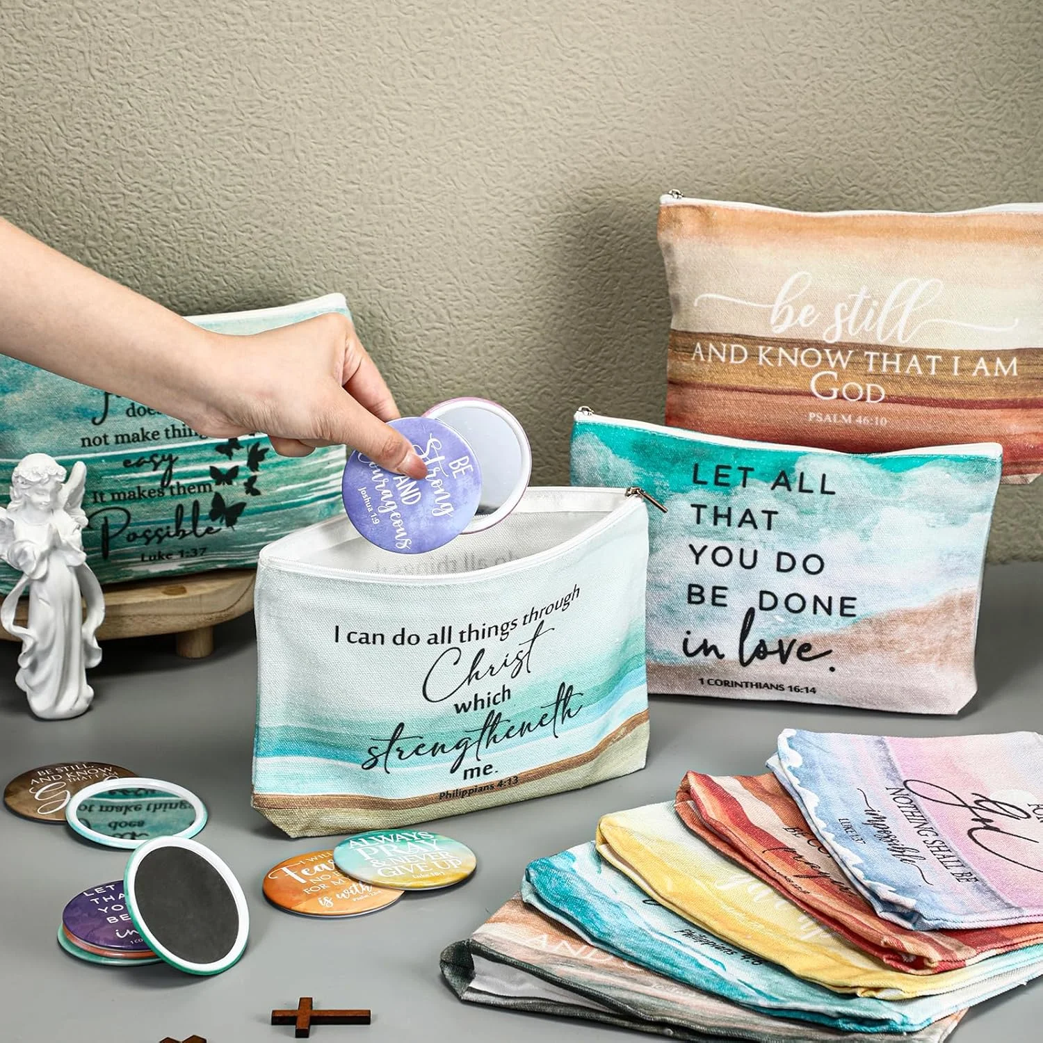 Reginary 10 Sets Christian Gifts for Women Include 10 Religious Canvas Makeup Bags with 10 Bible Verse Compact Mirrors Christmas Inspirational Birthday Gifts for Mom(Bright Colors,Abstract Style)