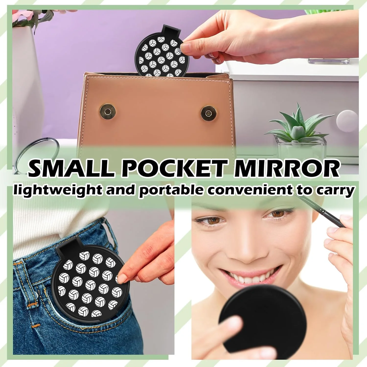 آینه جیبی والیبال RattanView، 24 عدد، هدیه والیبال، لوازم مهمانی ورزشی، 2.75 اینچ، آینه کیف دستی برای آرایش زنان و دختران، آینه کوچک تاشو برای لوازم جانبی تیم والیبال