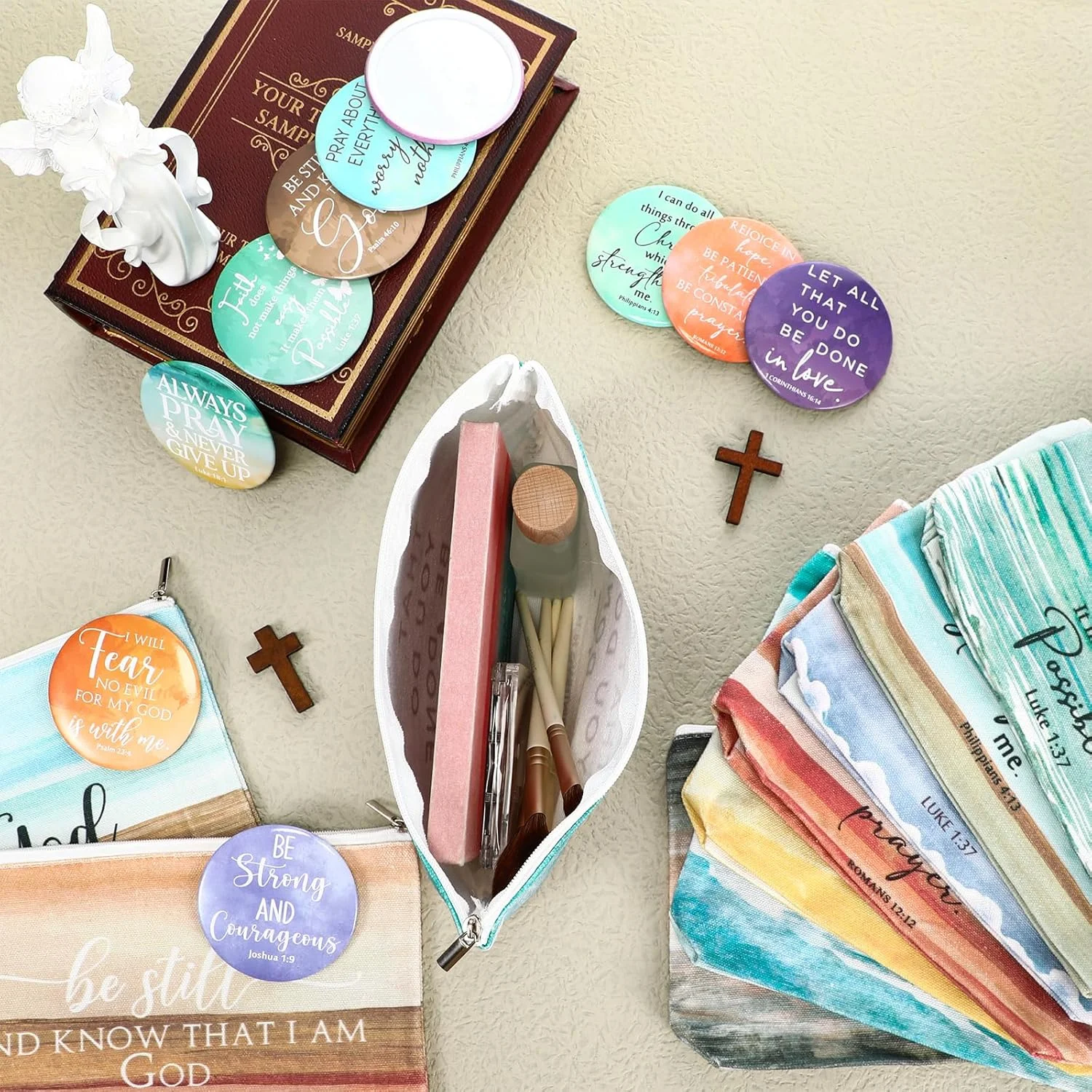 Reginary 10 Sets Christian Gifts for Women Include 10 Religious Canvas Makeup Bags with 10 Bible Verse Compact Mirrors Christmas Inspirational Birthday Gifts for Mom(Bright Colors,Abstract Style)