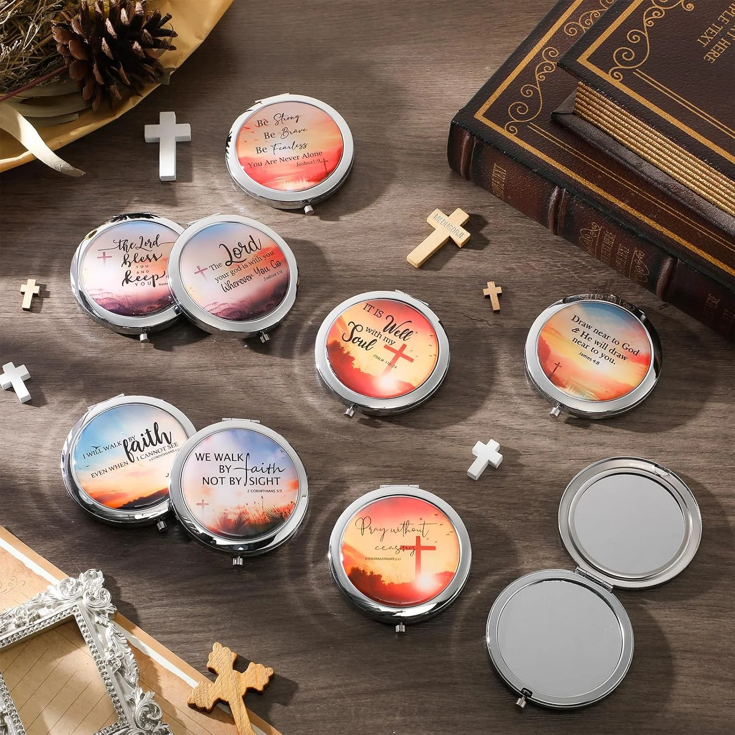 RattanView 9 Pcs Christian Compact Mirrors Gifts for Women Religious Pocket Mirror with Bible Verse Scripture Quote Inspirational Gifts for Coworkers Teacher Employees Travel Purse Makeup Mirror