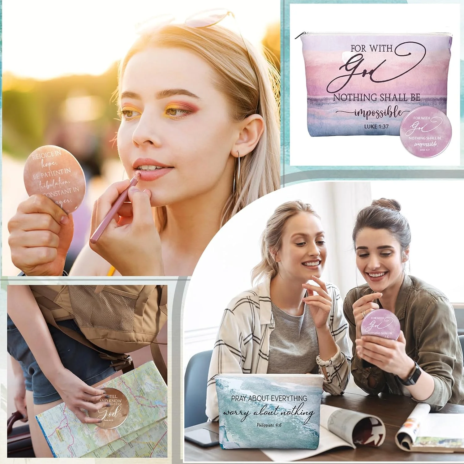 Reginary 10 Sets Christian Gifts for Women Include 10 Religious Canvas Makeup Bags with 10 Bible Verse Compact Mirrors Christmas Inspirational Birthday Gifts for Mom(Bright Colors,Abstract Style)