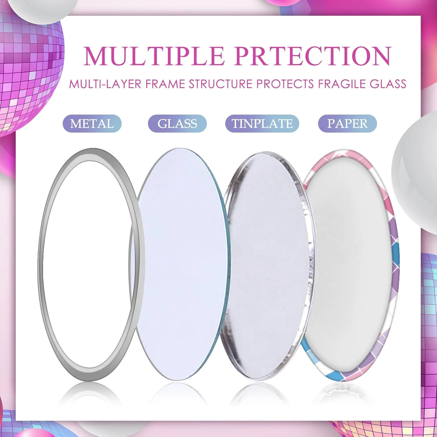 آینه جیبی فشرده توپ دیسکو Qunclay، 12 عددی، 7 سانتی متر، گرد، طرح قدیمی، آینه آرایشی کوچک، آینه دستی قابل حمل برای کیف پول، هدیه زنانه، لوازم مهمانی دیسکو، مسافرت روزانه (نقره ای)