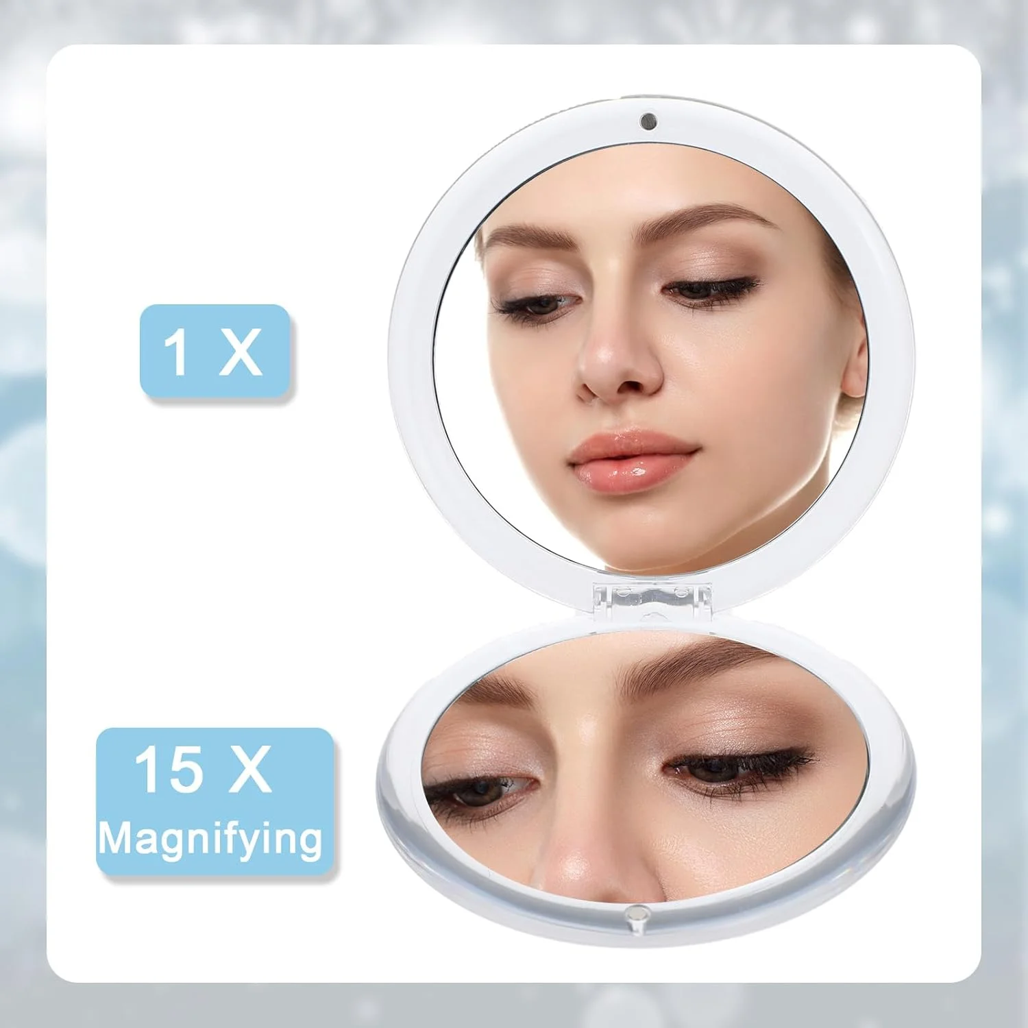 آینه آرایشی تاشو دو طرفه Qianyu با بزرگنمایی 1x/15x، آینه جیبی مسافرتی، آینه دستی، تاشو و قابل حمل، آینه آرایشی جیبی 3.35 اینچی، آینه آرایشی تاشو شیک برای کیف پول و مسافرت