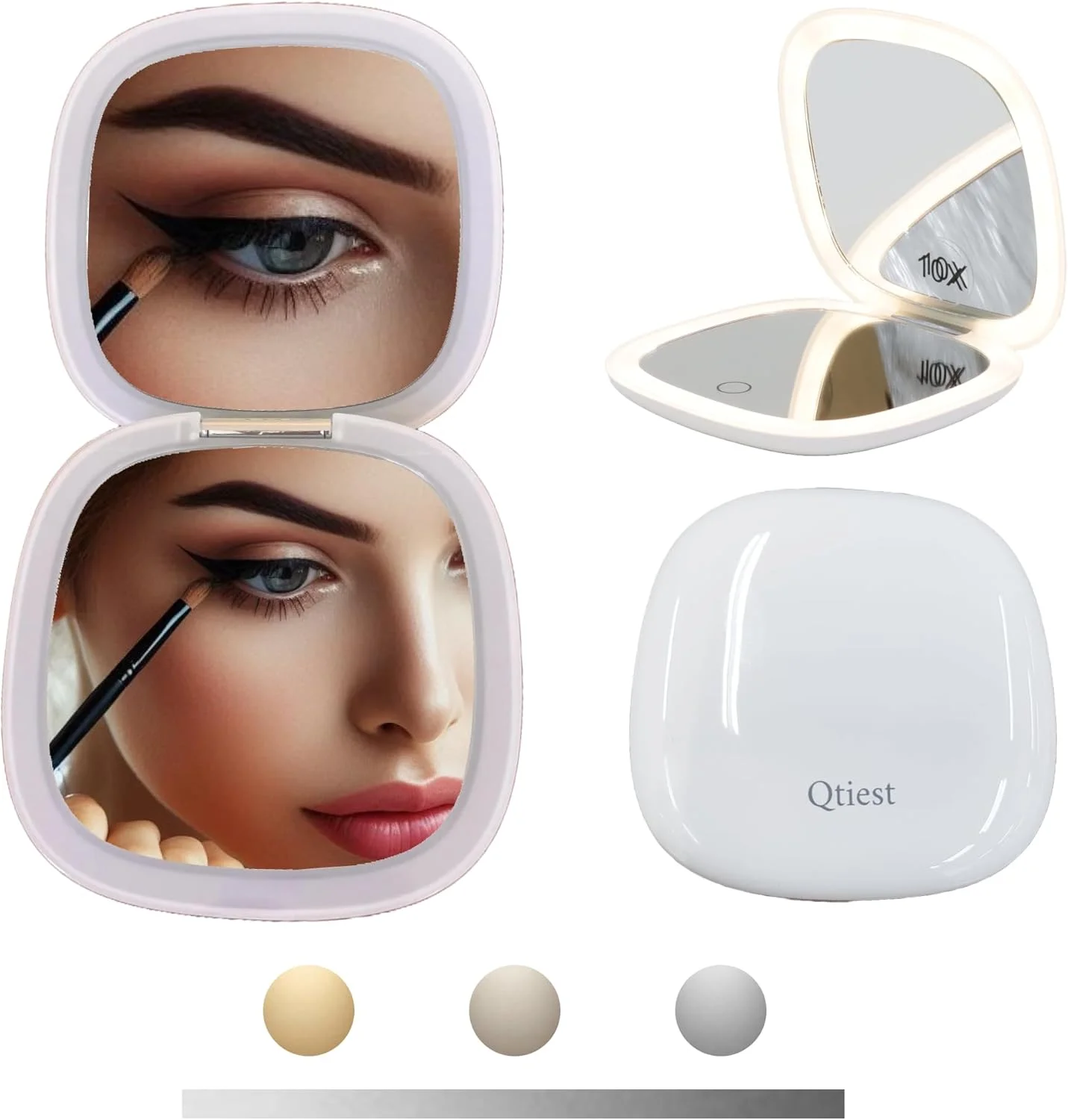 آینه آرایشی مسافرتی LED با بزرگنمایی QTIEST، دوگانه 1X/10X با وضوح بالا، سه حالت رنگی، آینه جیبی LED قابل تنظیم، آینه آرایشی تاشو و جمع و جور قابل شارژ با نور