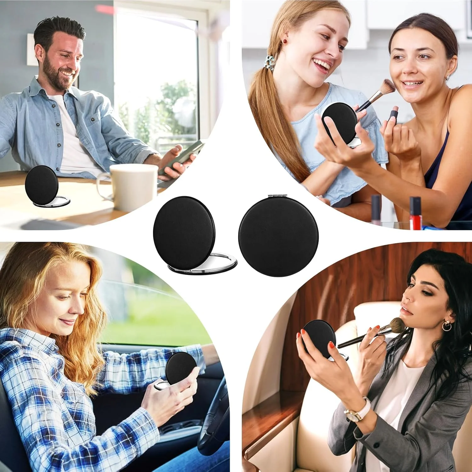 آینه جیبی Qulkws، 2 عدد، قطر 7.1 سانتی متر، با بزرگنمایی 1x/3x، چرم PU، آینه آرایشی دو طرفه کوچک، آینه های فشرده برای کیف دستی، آینه های آرایشی گرد مسافرتی برای جیب