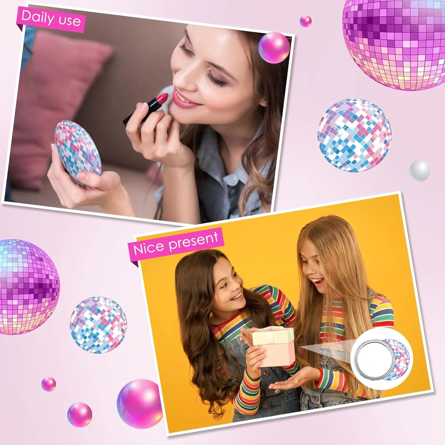 آینه جیبی فشرده توپ دیسکو Qunclay، 12 عددی، 7 سانتی متر، گرد، طرح قدیمی، آینه آرایشی کوچک، آینه دستی قابل حمل برای کیف پول، هدیه زنانه، لوازم مهمانی دیسکو، مسافرت روزانه (نقره ای)