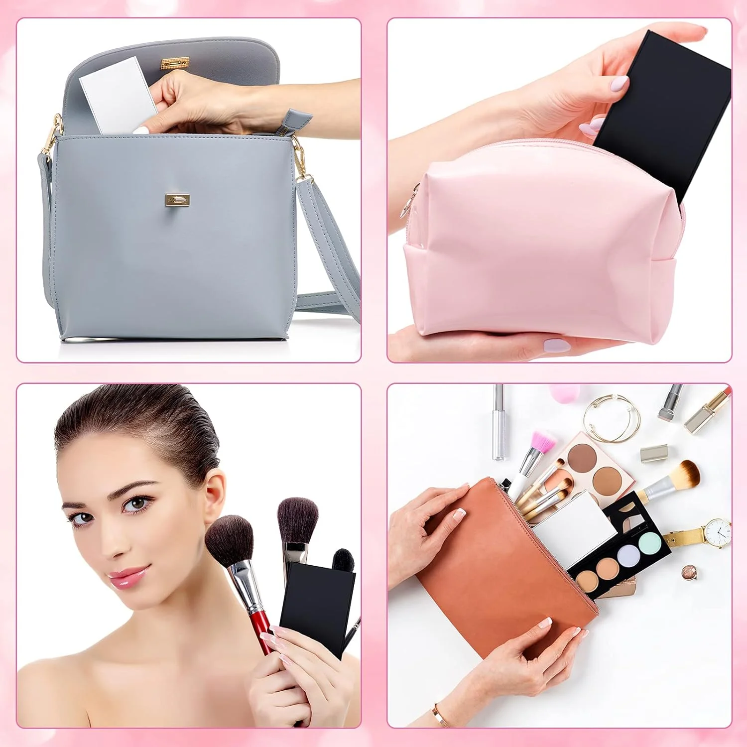 آینه آرایشی تاشو کوچک Queekay، مناسب سفر، آینه تاشو قابل حمل، آینه جیبی مستطیلی، آینه ایستاده، آینه آرایشی قابل حمل برای زنان و دختران (سیاه، سفید) - بسته 2 عددی