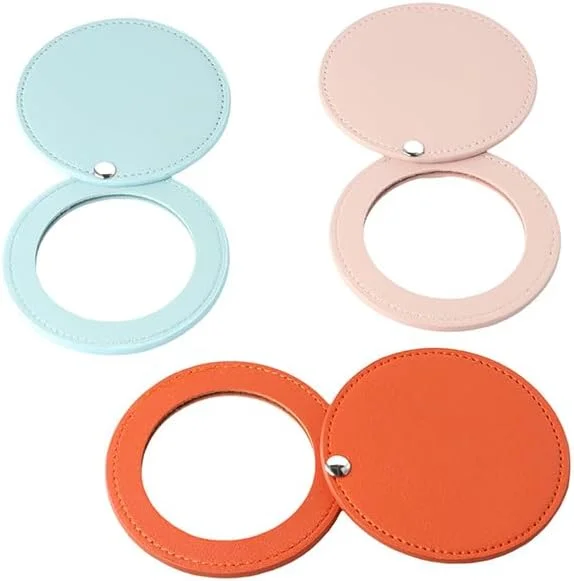 آینه استیل ضد زنگ فشرده Pokinge، بسته 3 عددی آینه جیبی کوچک قابل حمل مینی آینه مسافرتی با روکش چرمی PU برای آرایش مسافرتی زنان و دختران