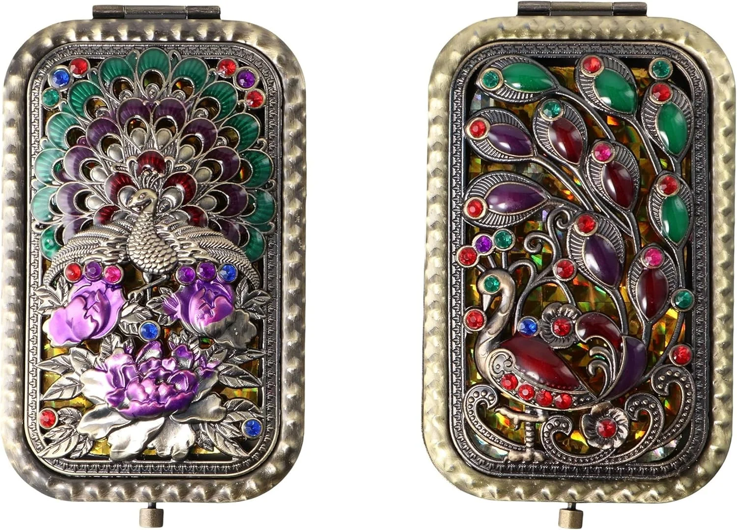 آینه جیبی کوچک تاشو دو عددی Pokinge، آینه آرایشی فلزی طاووسی یکپارچهسازی با سیستم عامل تاشو دو طرفه قابل حمل با بزرگنمایی 2 برابر برای مسافرت