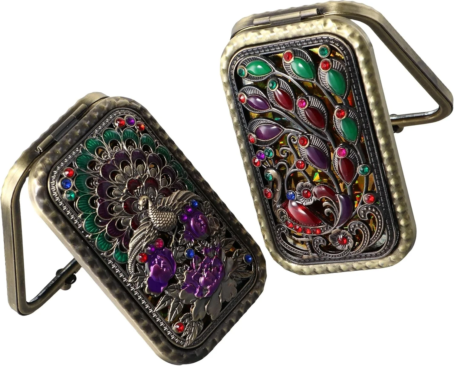 آینه جیبی کوچک تاشو دو عددی Pokinge، آینه آرایشی فلزی طاووسی یکپارچهسازی با سیستم عامل تاشو دو طرفه قابل حمل با بزرگنمایی 2 برابر برای مسافرت