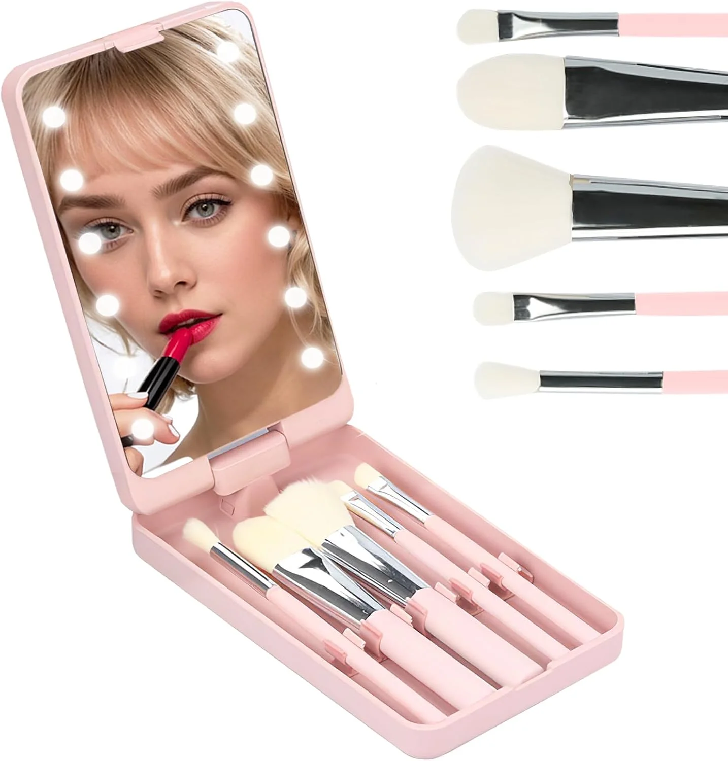 آینه جیبی با پنج برس آرایشی، آینه آرایشی مسافرتی LED جمع و جور، آینه کوچک آرایشی قابل حمل و شارژ با نور برای کیف پول، کیف دستی، جیب، هدیه، تاشو، دستی (صورتی)