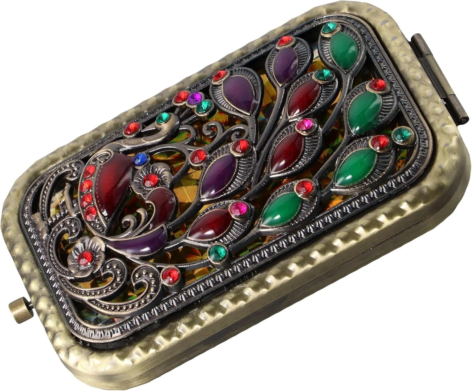 آینه جیبی کوچک تاشو دو عددی Pokinge، آینه آرایشی فلزی طاووسی یکپارچهسازی با سیستم عامل تاشو دو طرفه قابل حمل با بزرگنمایی 2 برابر برای مسافرت