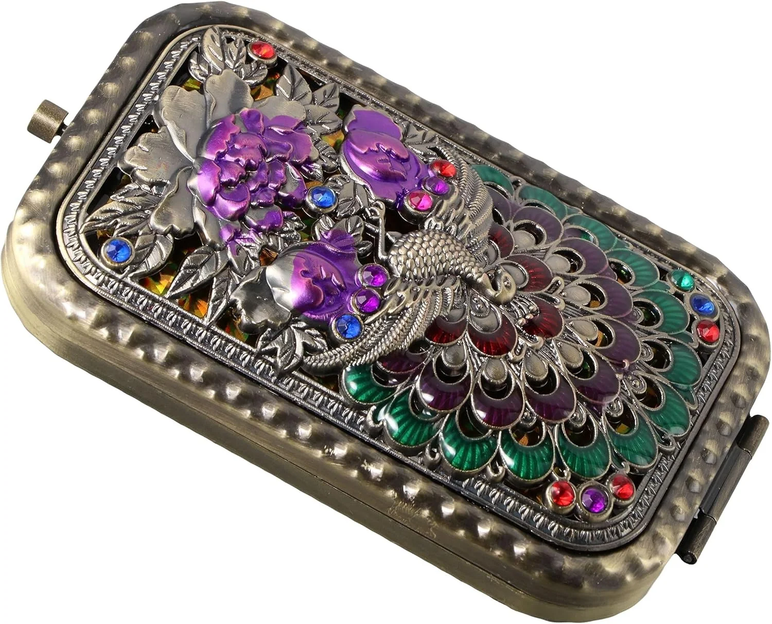 آینه جیبی کوچک تاشو دو عددی Pokinge، آینه آرایشی فلزی طاووسی یکپارچهسازی با سیستم عامل تاشو دو طرفه قابل حمل با بزرگنمایی 2 برابر برای مسافرت