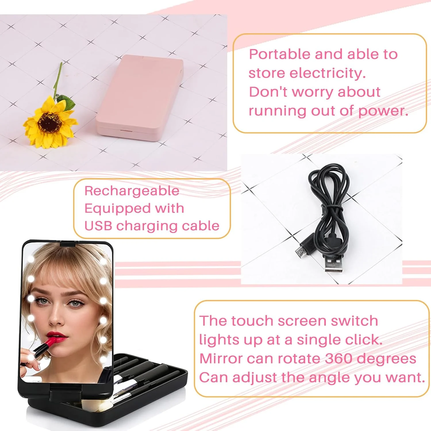 آینه جیبی با پنج برس آرایشی، آینه آرایشی مسافرتی LED جمع و جور، آینه کوچک آرایشی قابل حمل و شارژ با نور برای کیف پول، کیف دستی، جیب، هدیه، تاشو، دستی (صورتی)