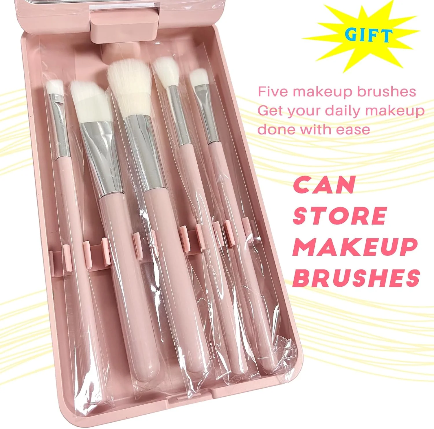 آینه جیبی با پنج برس آرایشی، آینه آرایشی مسافرتی LED جمع و جور، آینه کوچک آرایشی قابل حمل و شارژ با نور برای کیف پول، کیف دستی، جیب، هدیه، تاشو، دستی (صورتی)